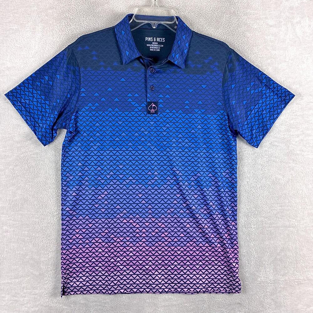 Pins & Aces Polo Shirt Men M Blue Geo Gradient Stretch Performance Preppy Golf